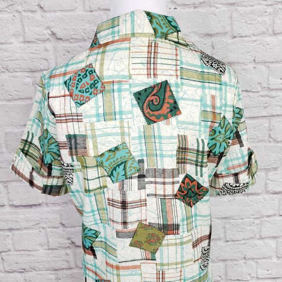 Vintage '70s Bradley Knitwear Green Plaid Patchwork Print Button Down Top Size M - Picture 9 of 16